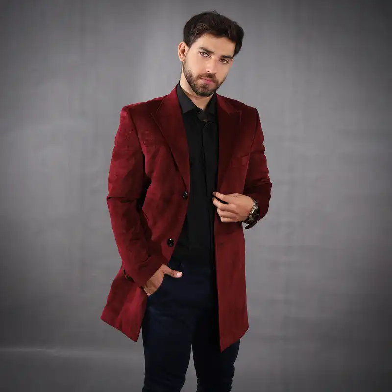 پالتو مردانه مدل مخمل جودون یقه بلیزر رنگ قرمز