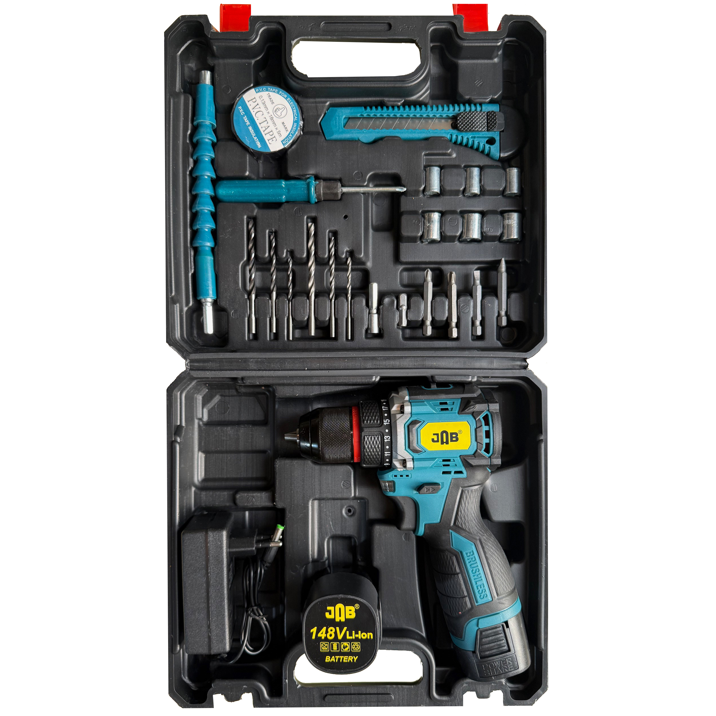 پیچ گوشتی شارژی سه نظام ۱۰ میلیمتر 148 ولت جاب مدل JB-148 PRO JAB مجموعه 40 عددی