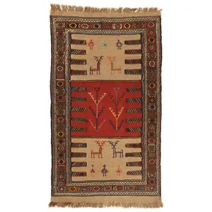 گلیم دستبافت یک ونیم متری طرح سفره کردی کد 140786