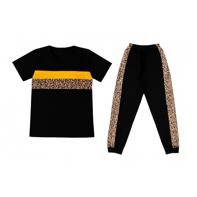 ست تی شرت آستین کوتاه و شلوار زنانه مدل پلنگی دو خط