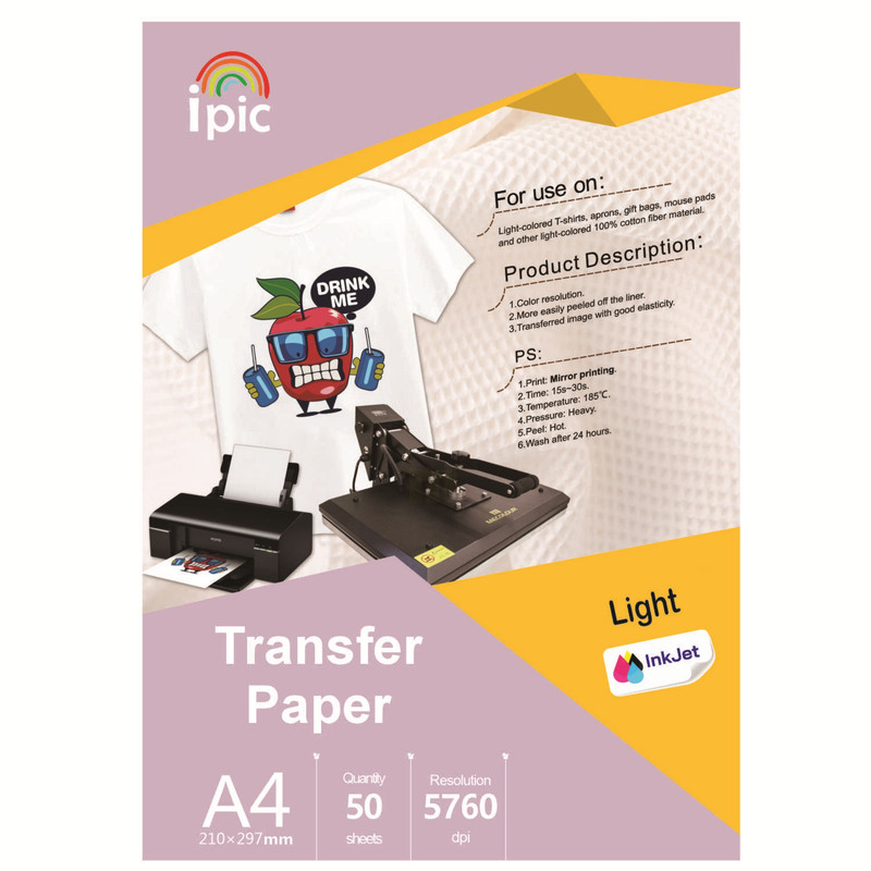 کاغذ چاپ جوهر افشان آی پیک مدل چاپ تیشرت روشن A4 بسته 50 عددی