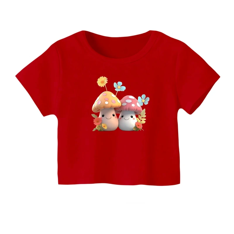 کراپ‌ تی‌شرت آستین کوتاه زنانه مدل قارچ ها رنگ قرمز 