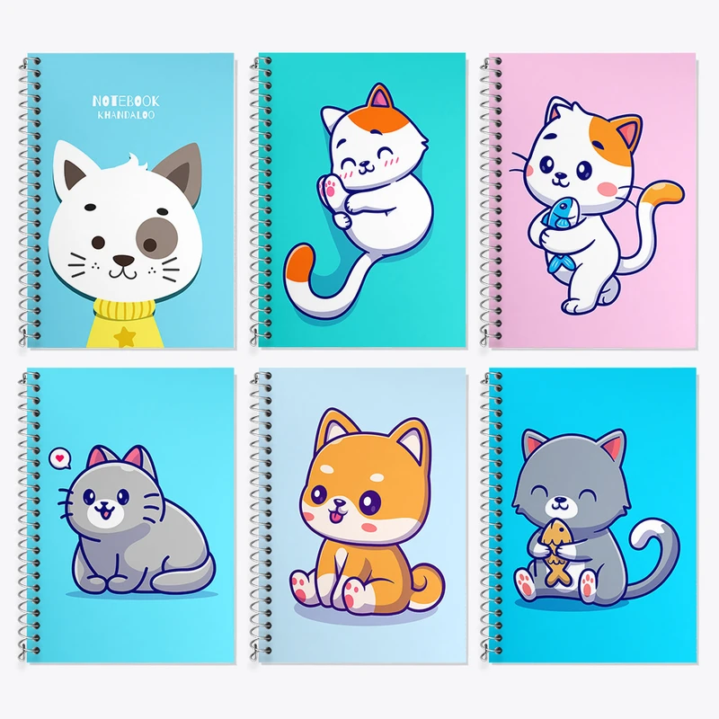 دفتر زبان 50 برگ خندالو مدل دو خط طرح گربه بامزه کد 465 مجموعه 6 عددی
