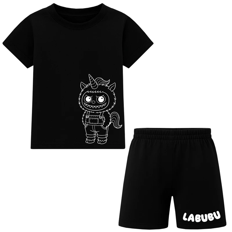 ست تی شرت آستین کوتاه و شلوارک راحتی دخترانه مدل E15 طرح LABUBU