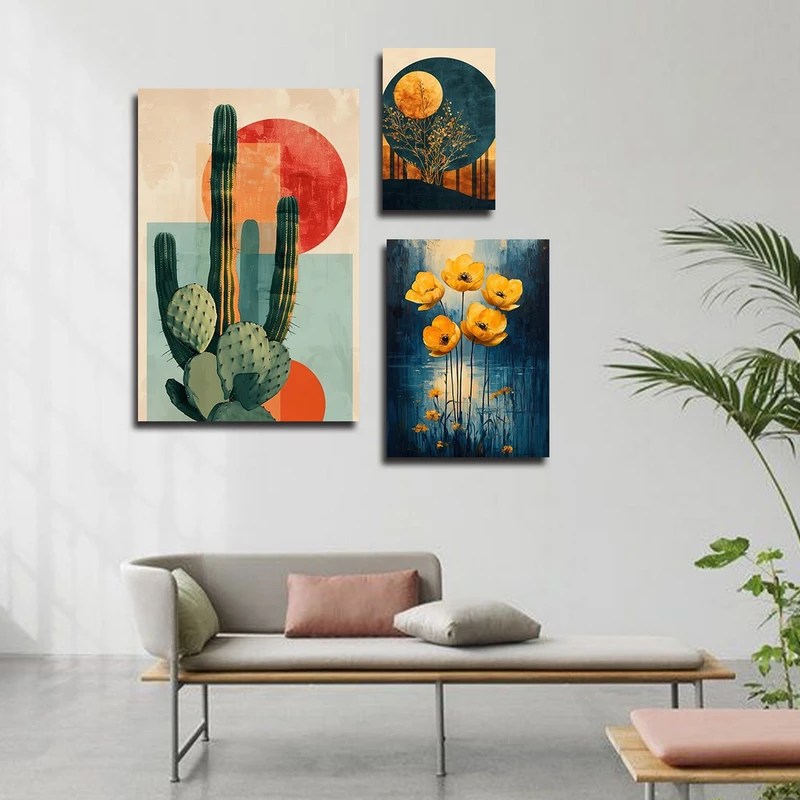 تابلو شاسی بکلیت طرح نقاشی گل و کاکتوس مدل SH-3092 مجموعه 3 عددی