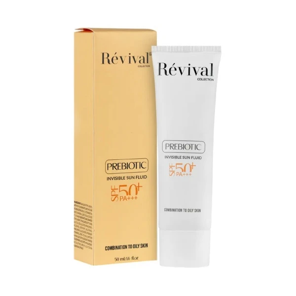 کرم ضد آفتاب بی‌رنگ کلکسیون رویوال، spf 50، مدل prebiotic، ‌مناسب پوست‌های چرب و مختلط با حجم 50 میلی‌لیتر، محافظت‌کننده در برابر اشعه‌های UVA و PA ،UVB+++، ضد جوش و آکنه، دارای فرمولاسیون آنتی اکسیدان، نیاسینامید و ویتامین E، با ماندگاری 5 ساعته