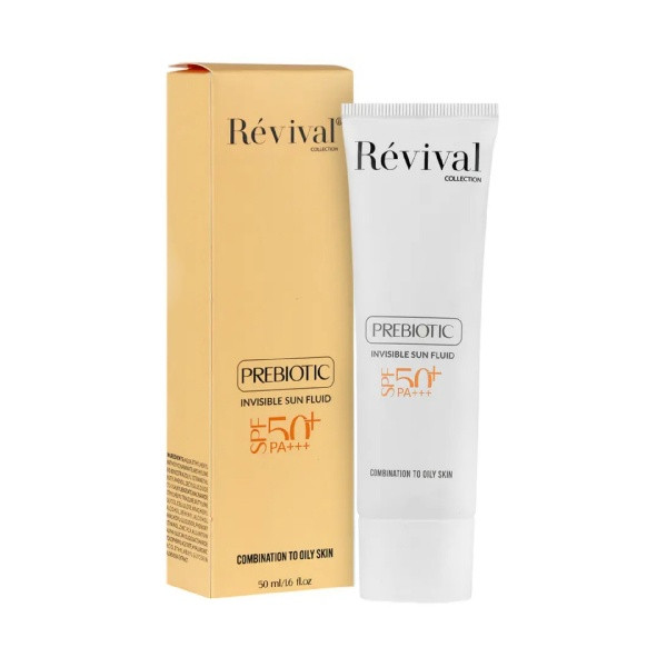 کرم ضد آفتاب بی‌رنگ کلکسیون رویوال، spf 50، مدل prebiotic، ‌مناسب پوست‌های چرب و مختلط با حجم 50 میلی‌لیتر، محافظت‌کننده در برابر اشعه‌های UVA و PA ،UVB+++، ضد جوش و آکنه، دارای فرمولاسیون آنتی اکسیدان، نیاسینامید و ویتامین E، با ماندگاری 5 ساعته