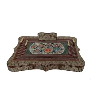 قلمدان خاتم کاری طرح گل و مرغ مدل کنگره ای کشودار کد 158