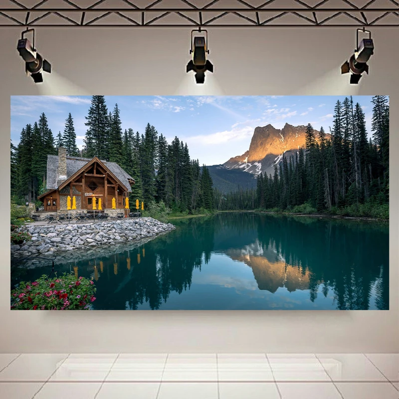 پوستر پارچه ای طبیعت مدل کلبه و دریاچه کد ARY30