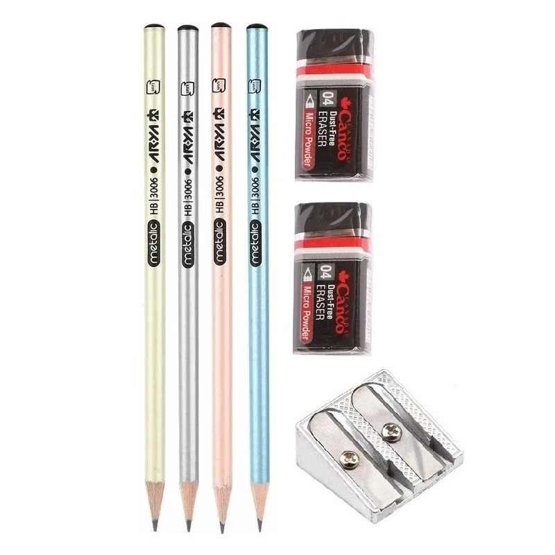 مداد مشکی آریا مدل تارا به همراه تراش و پاک کن مجموعه 7 عددی 