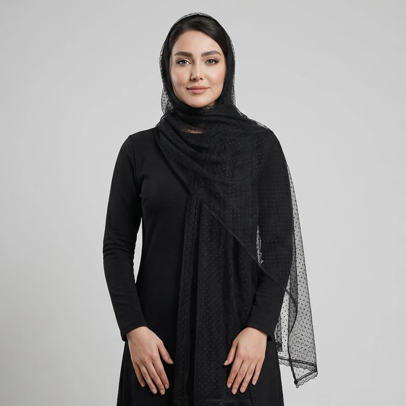 شال زنانه مدل توری خالخالی دور دانتل دار