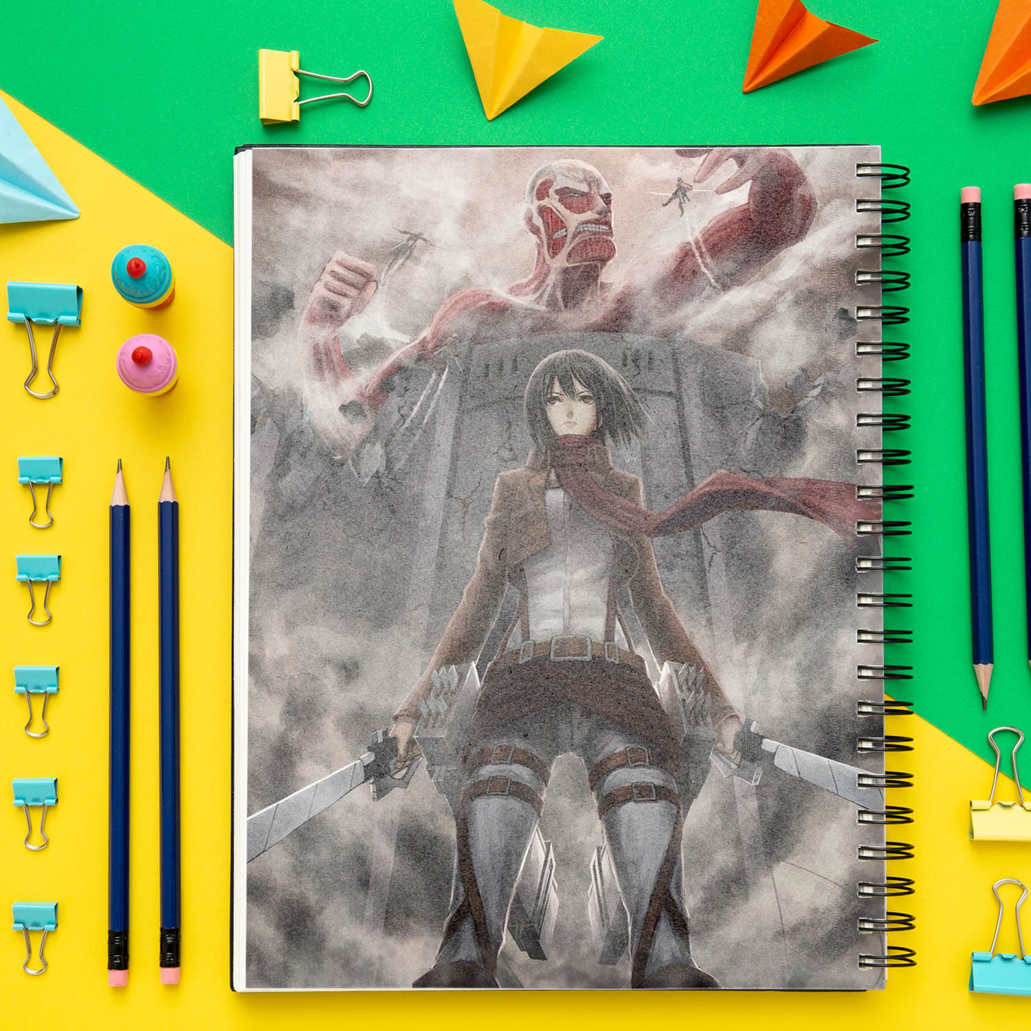 دفتر مشق باژیکان طرح انیمه اتک آن تایتان Attack On Titan کد 20211454 به همراه استیکر لپ تاپ مجموعه 14 عددی