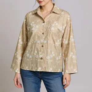 شومیز آستین بلند یقه برگردان زنانه مدل کلوش لینن خامه دوزی کد AK1301 رنگ نسکافه‌ای