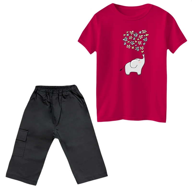 ست تی‌شرت آستین کوتاه و شلوارک دخترانه مدل فیل و گل       رنگ سرخابی