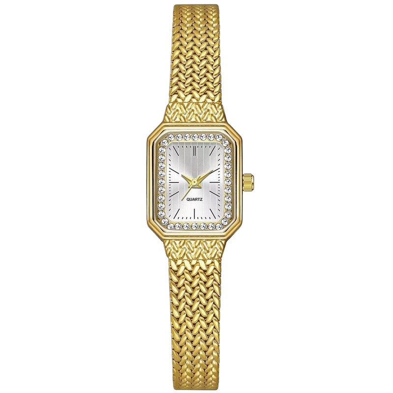 ساعت مچی عقربه ای زنانه مدل قاب دور نگین بند استیل حصیری گندمی کد 1