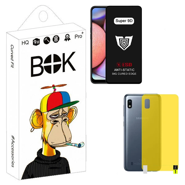 محافظ صفحه نمایش بوک مدل Super 9D Guard مناسب برای گوشی موبایل سامسونگ galaxy a10 به همراه محافظ پشت گوشی