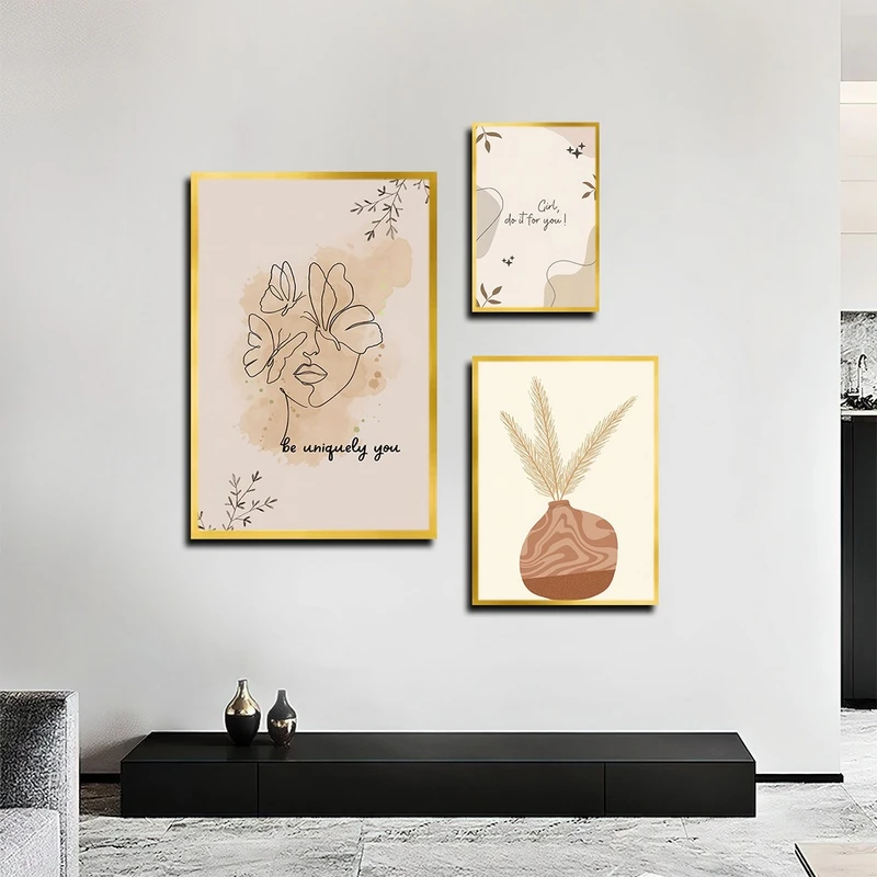 تابلو بکلیت طرح نقاشی مینیمال و جمله انگیزشی مدل T-3970 فریم طلایی مجموعه 3 عددی