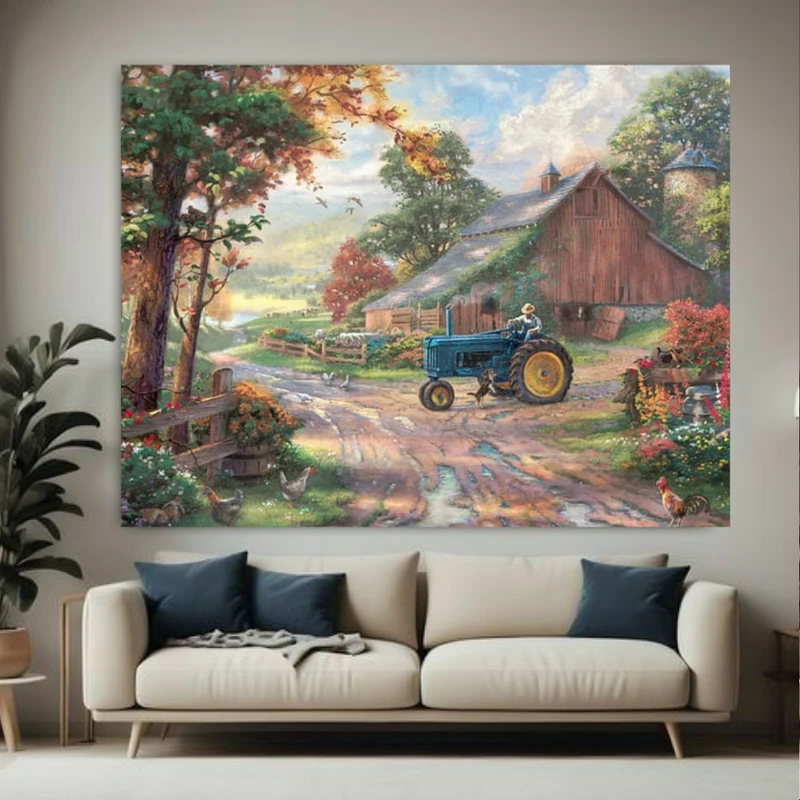 تابلو بوم طرح مخمل نقاشی مزرعه مدل کلبه چوبی کد GR1833