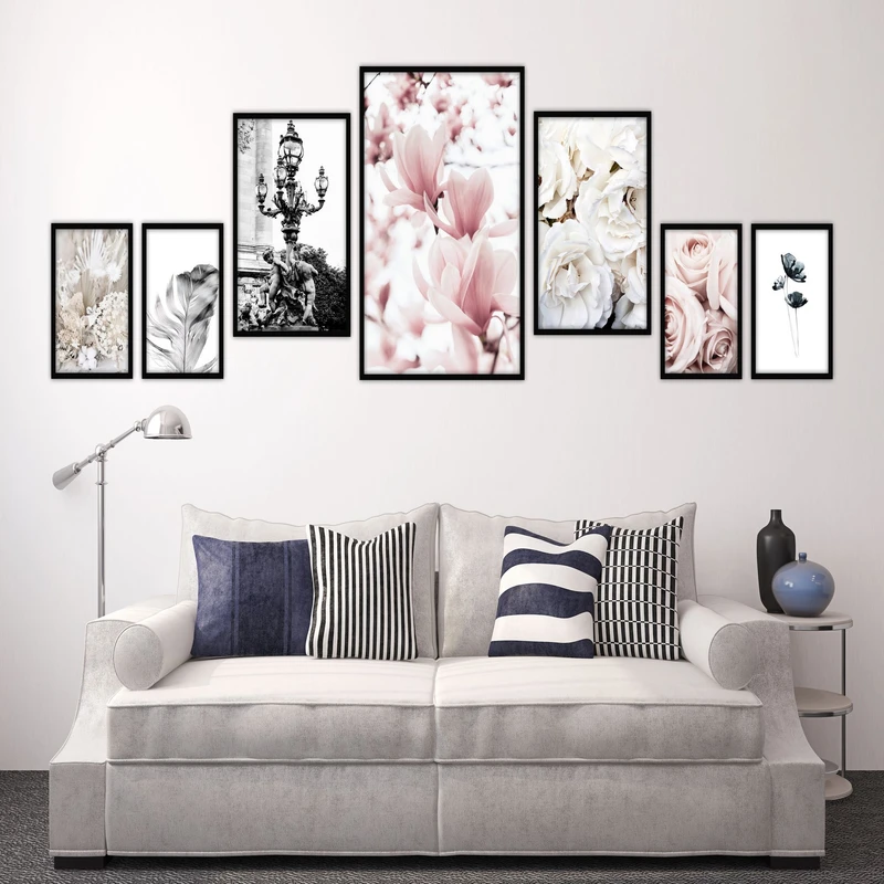 تابلو بکلیت طرح مدرن گل رز صورتی و پر مدل B-1911 مجموعه 7 عددی