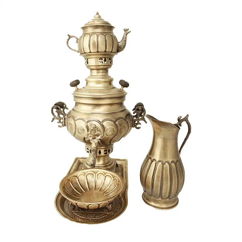 ست  سماور ذغالی 19 پارچه برنجی مدل گل