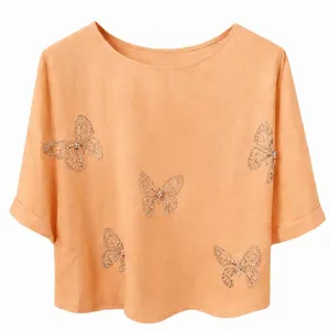 کراپ بلوز آستین کوتاه یقه گرد زنانه مدل پروانه ای