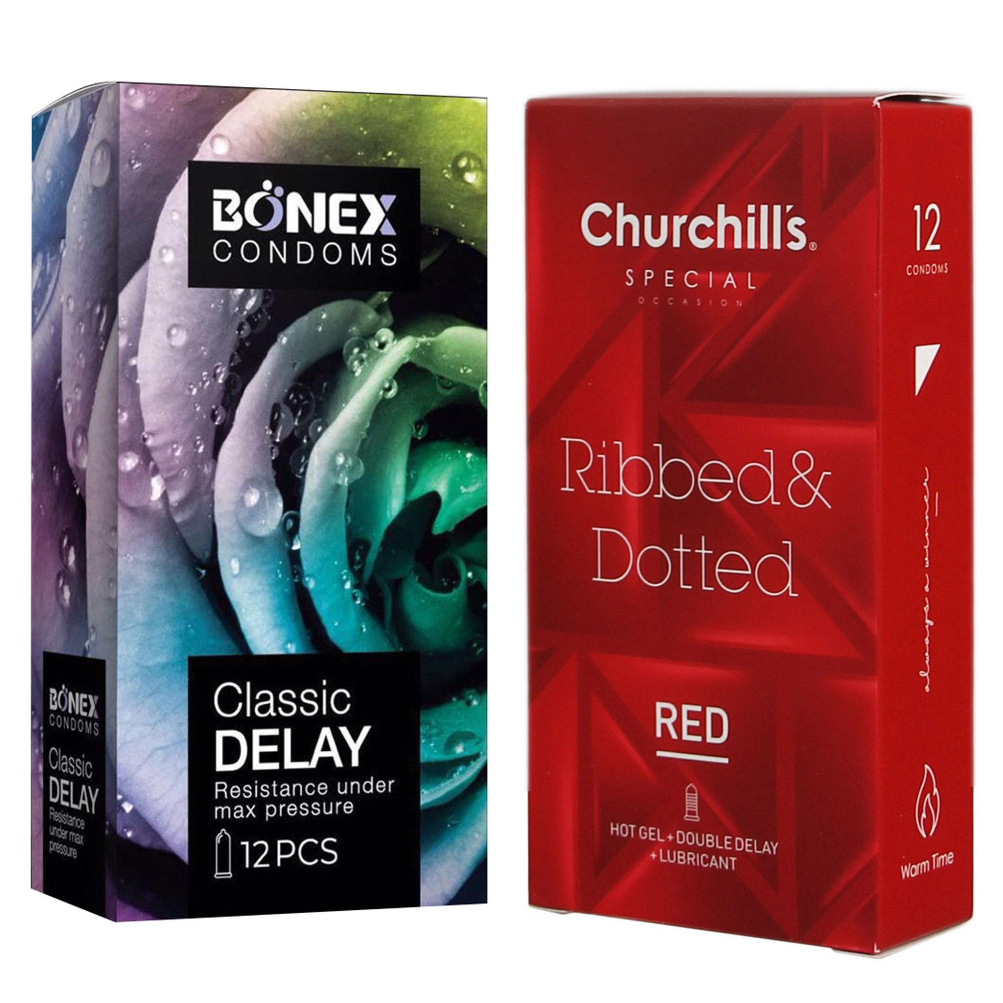کاندوم چرچیلز مدل Ribbed & Dotted Red بسته 12 عددی به همراه کاندوم بونکس مدل Classic Delay بسته 12 عددی 