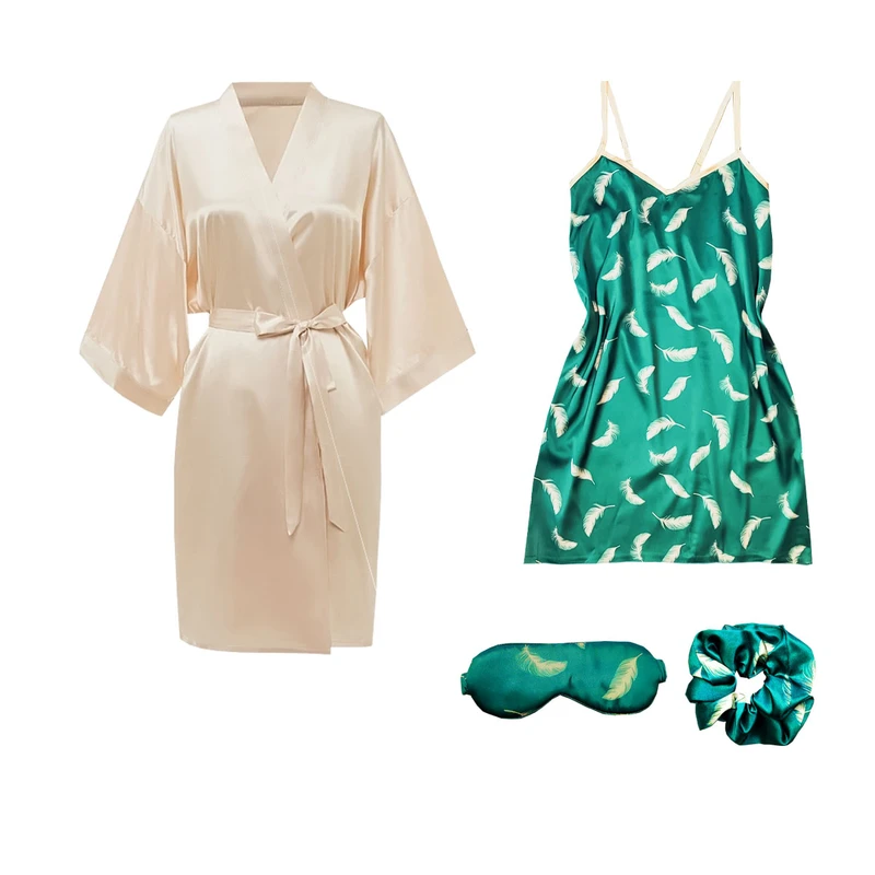 لباس خواب زنانه مدل ساتن ابریشم کد 66701 به همراه چشم بند و کش مو