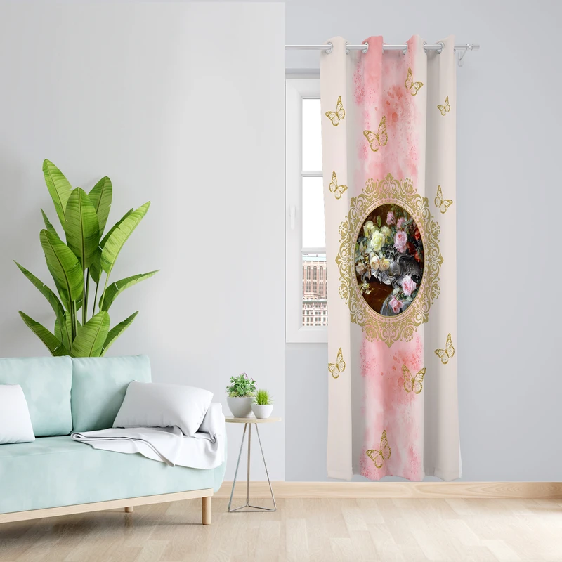 پرده طرح گل و پروانه مدل مخمل پانچی کد 4319R z سایز 140x200 سانتی متر