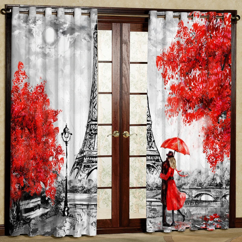  پرده مدل برج پاریس گل قرمز مخمل پانچی کد 349 سایز 140x280 سانتی متر