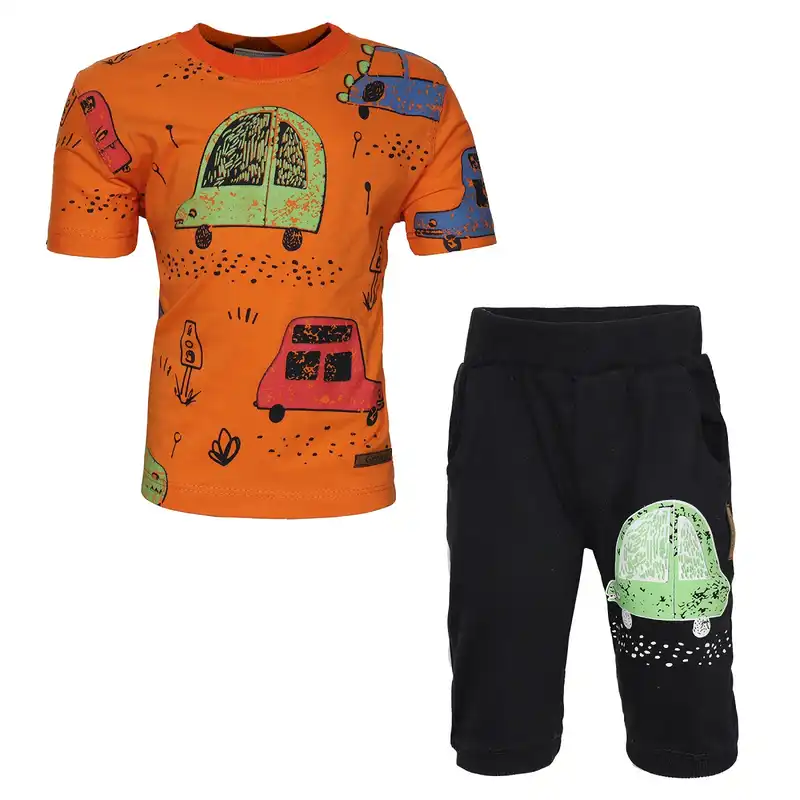 ست تی شرت و شلوارک پسرانه مدل the car رنگ نارنجی