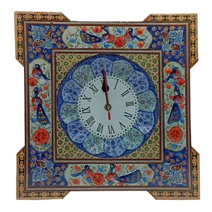 ساعت دیواری خاتم کاری چوبی مدل مربع طرح گل و مرغ 