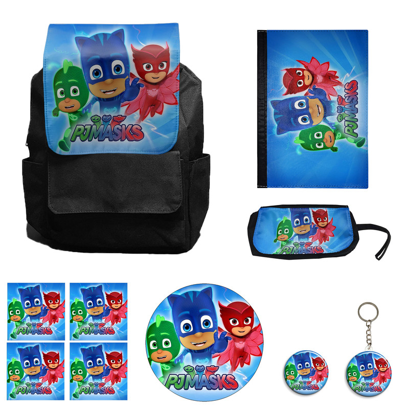 کوله پشتی مدل انیمیشن شب نقاب کد Pj Masks M1 همراه کلاسور و جامدادی و زیر لیوانی و جاکلیدی مجموعه 10 عددی