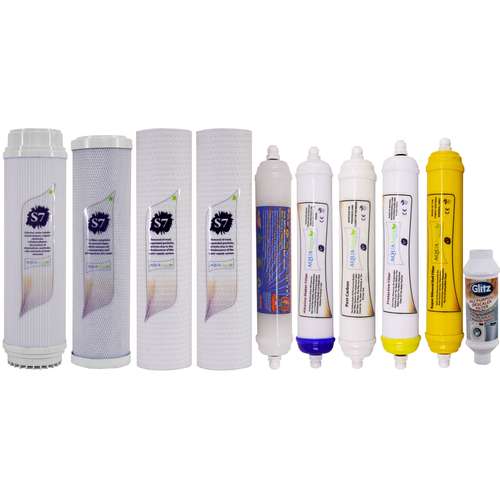 فیلتر دستگاه تصفیه آب آکوآ اسپرینگ مدل F-S7-W10A مجموعه ده عددی به همراه رسوبگیر گلیتز