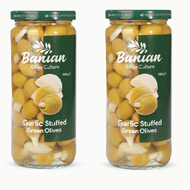 زیتون سبز با مغز سیر بانیان - 460 گرم بسته 2 عددی