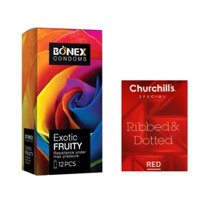 کاندوم بونکس مدل Exotic Fruity بسته 12 عددی به همراه کاندوم چرچیلز مدل Hot Gel بسته 3 عددی