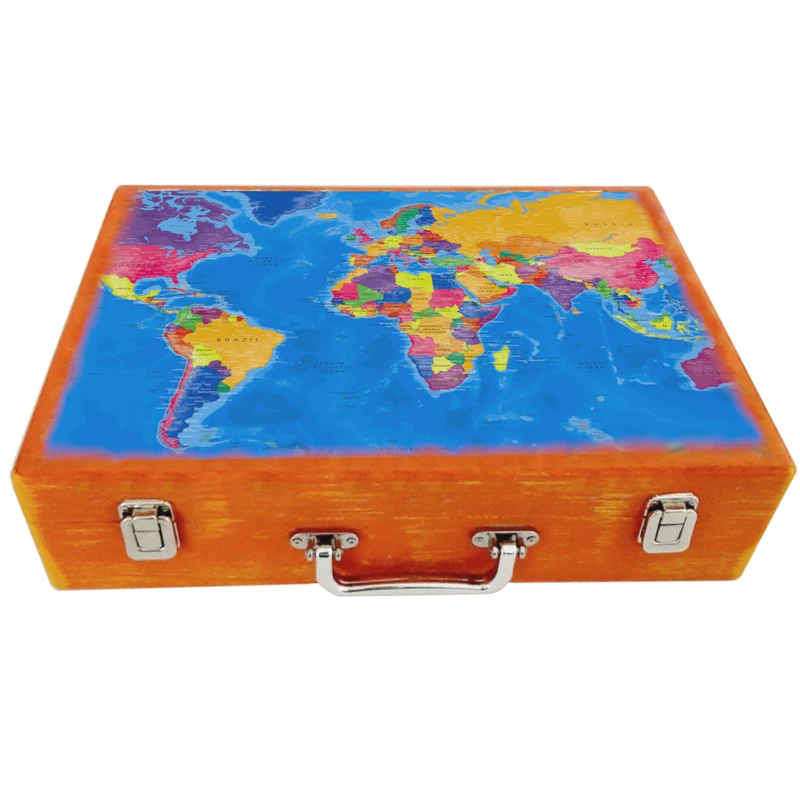 جعبه چوبی مدل چمدان طرح نقشه جهان کد WS203