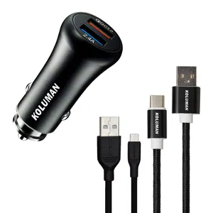 شارژر فندکی کلومن مدل KC - C02 به همراه کابل تبدیل USB-C و MICROUSB