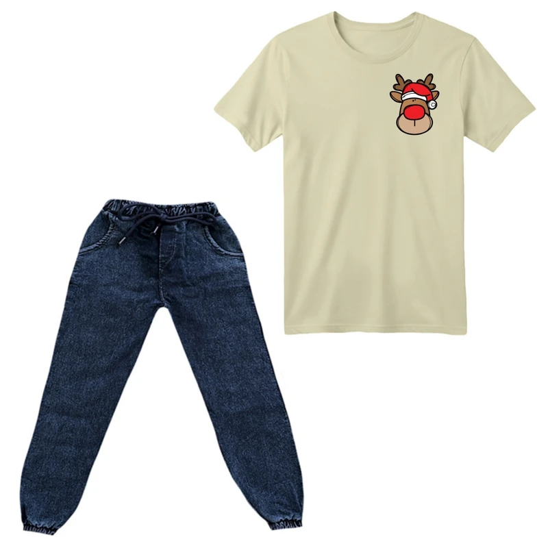 ست تی‌شرت آستین کوتاه و شلوار پسرانه مدل گوزن کریسمس کد 22 