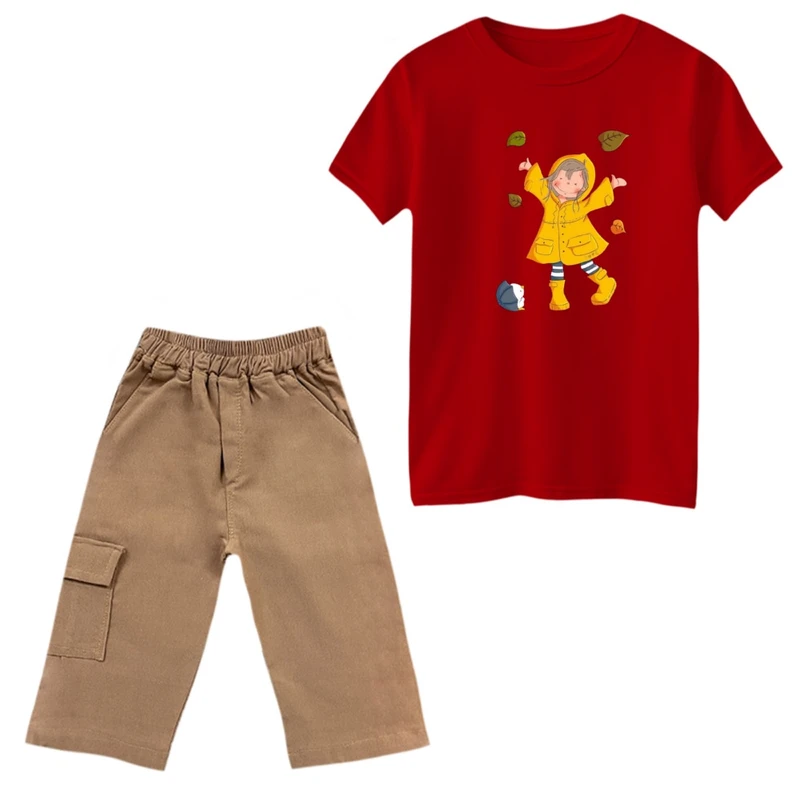 ست تی‌شرت و شلوارک دخترانه مدل دخترک پاییزی کد 3 رنگ قرمز