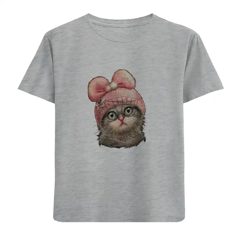 تی شرت آستین کوتاه بچگانه مدل گربه وکلاه بافت D178