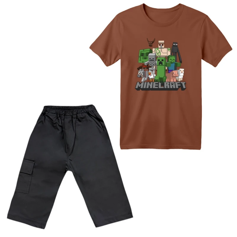 ست تی‌شرت آستین کوتاه و شلوارک پسرانه مدل ماینکرفت کد 004 رنگ دارچینی
