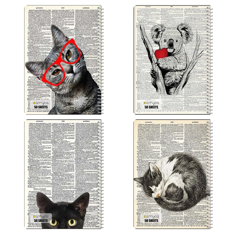 دفتر نقاشي 50 برگ کارنيکا طرح روزنامه وینتج حیوانات Vintage Newspaper Animals کد 51154 مجموعه 4 عددی
