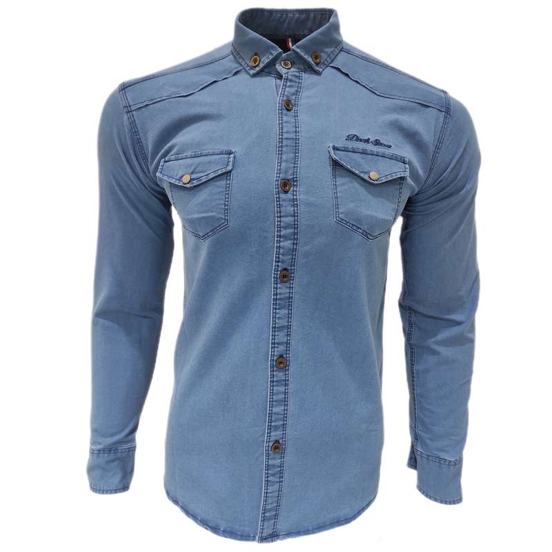 پیراهن آستین بلند مردانه مدل جین دو جیب رنگ آبی روشن