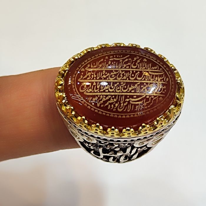 انگشتر نقره مردانه مدل سنگ عقیق خطی طرح آیت الکرسی رکاب دست ساز کد 3800 -  - 3