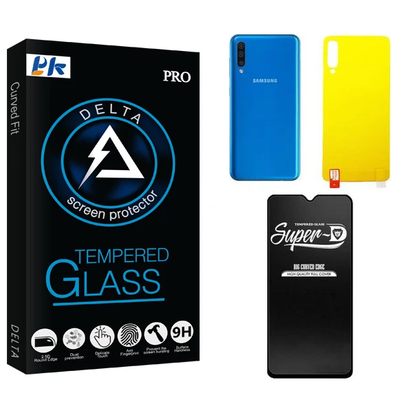 محافظ صفحه نمایش شیشه ای پی کی مدل Delta  Super-D مناسب برای گوشی موبایل سامسونگ GALAXY A50  به همراه محافظ پشت گوشی