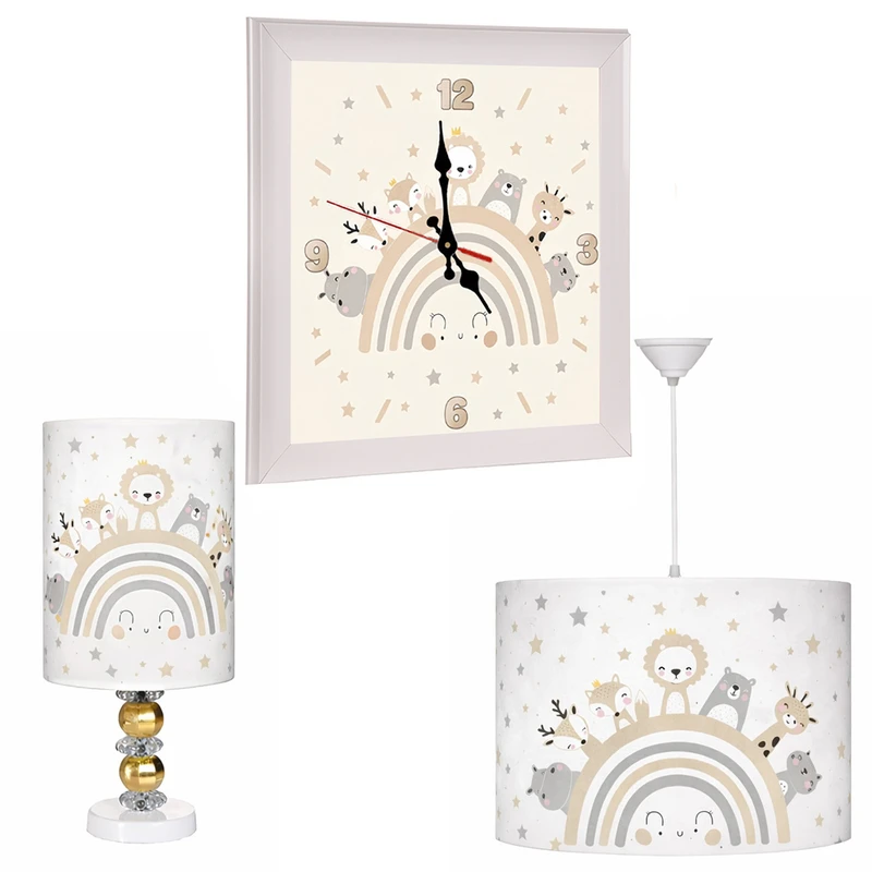 لوستر کودک مدل رنگین کمان حیوانات به همراه آباژور رومیزی و ساعت دیواری