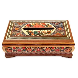 جعبه دستمال کاغذی خاتم کاری طرح گل و مرغ