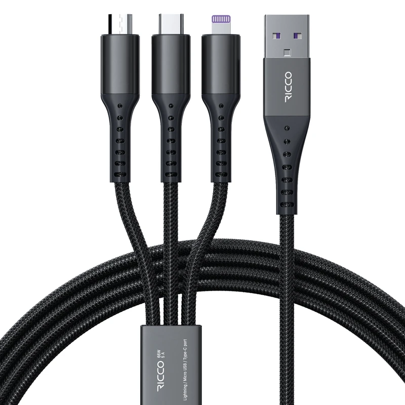 کابل تبدیل USB به لایتنینگ / MicroUSB / USB-C ریکو مدل پاورلینک طول 1.2 متر