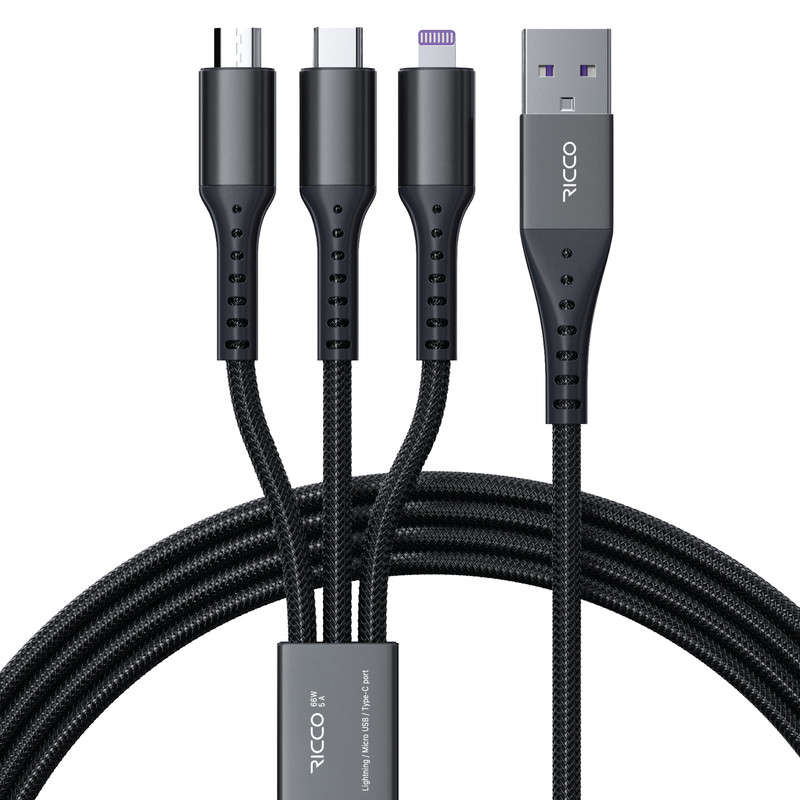 کابل تبدیل USB به لایتنینگ / MicroUSB / USB-C ریکو مدل پاورلینک طول 1.2 متر