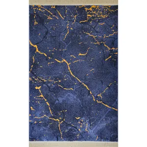 فرش ماشینی 320 شانه فرش بزرگمهر زمینه سورمه‌ای حاشیه طلایی مدل 31806